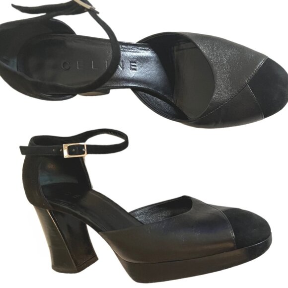 Celine Blk Leather/Suede Mary Jane’s Round Toe Chunky Heels Gold Buckle Size 37 - Picture 5 of 13